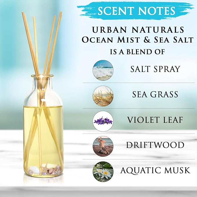 Urban Naturals Ocean Mist & Sea Salt Reed Diffuser Set | Made with Essential Oils & Real Botanicals | Decorative Air Freshener for Large Rooms | Beautiful Home Décor Makes a Great Gift