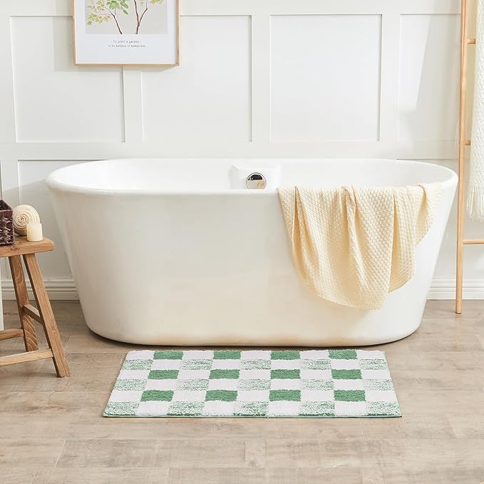 CozeCube Checkered Bath mats Non Slip, Fluffy Absorbent Microfiber Runner Bath mat Washable, Aesthetic Bathroom Rugs, Long Bath mat for Bathroom Floor, Sage Green, 47"X24"