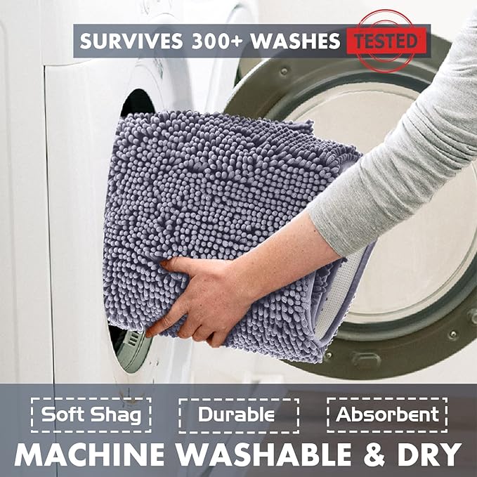 Bathroom Rugs Sets 2 Piece, Luxury Chenille Bath Mat Set, Soft Plush Anti-Slip Bath Rug + U-Shaped Toilet Mat. Microfiber Shaggy Carpet, Super Absorbent (24” x 36” & 20” x 24” U, Dark Grey)