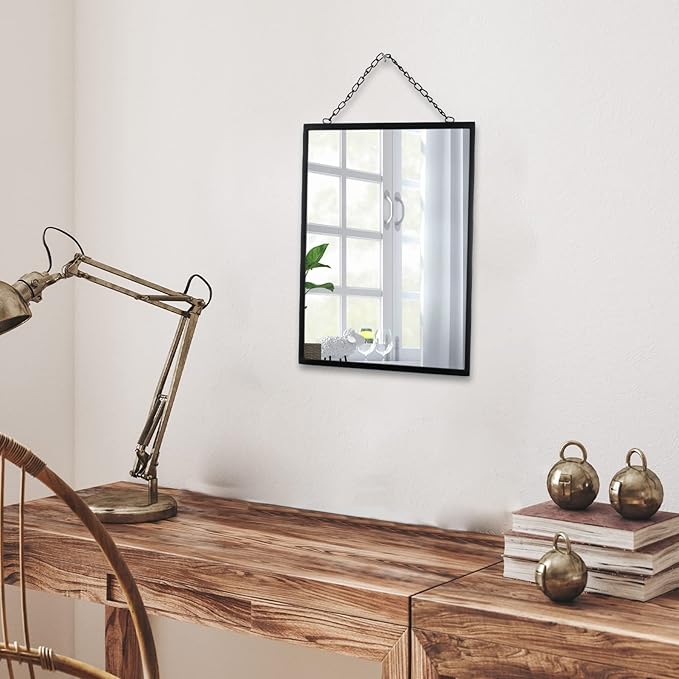 Black Hanging Mirror with Chain, 12 x 16 Inch Rustic Wall Decor for Bathroom, Entry, Dining Room, and Living Room. Metal Rectangle Vanity Mirror, Decorative Mirror.