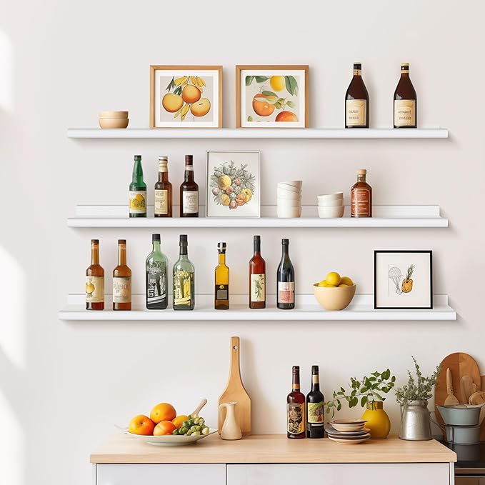 Annecy Floating Shelves Set of 3, 47 Inch White Rustic Wood Shelves for Wall, Wall Storage Shelves with Guardrail Design for Bedroom, Bathroom, Kitchen, Office, 3 Different Sizes