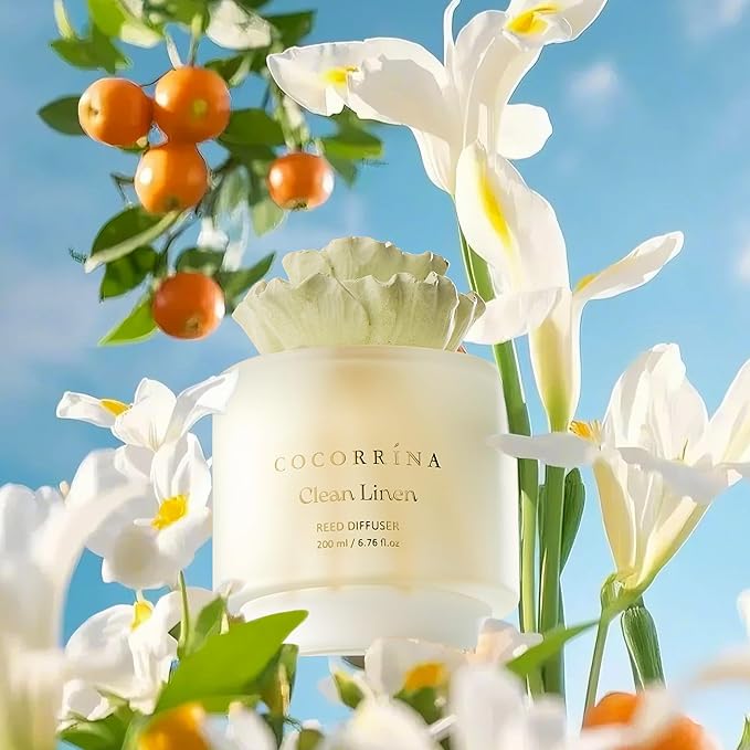 Cocorrina Gypsum Flower Reed Diffuser Set for Bathroom Décor – Clean Linen Scent, 6.76 oz with Sticks & Oil – Home Fragrance for Bathroom & Living Space