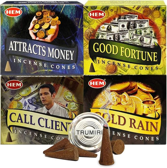 Hem Incense Cones Variety Pack #1 And Cone Incense Burner Bundle With 4 Money Luck And Business Themed Fragrances