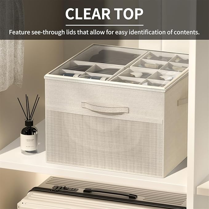 Aokeyee Shoe Organizer for Closet,Foldable Shoe Storage Organizer Box Bin with Adjustable Dividers and Clear Cover, Fits up to 16 Pairs (Beige)