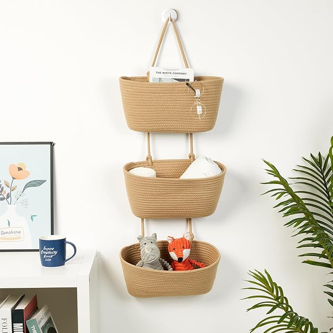 DULLEMELO Wall Baskets for Storage, 3-Tier Woven Cotton Hanging Baskets for Organizing, Jute Wall Hanging Baskets with Door Hooks, Over The Door Basket