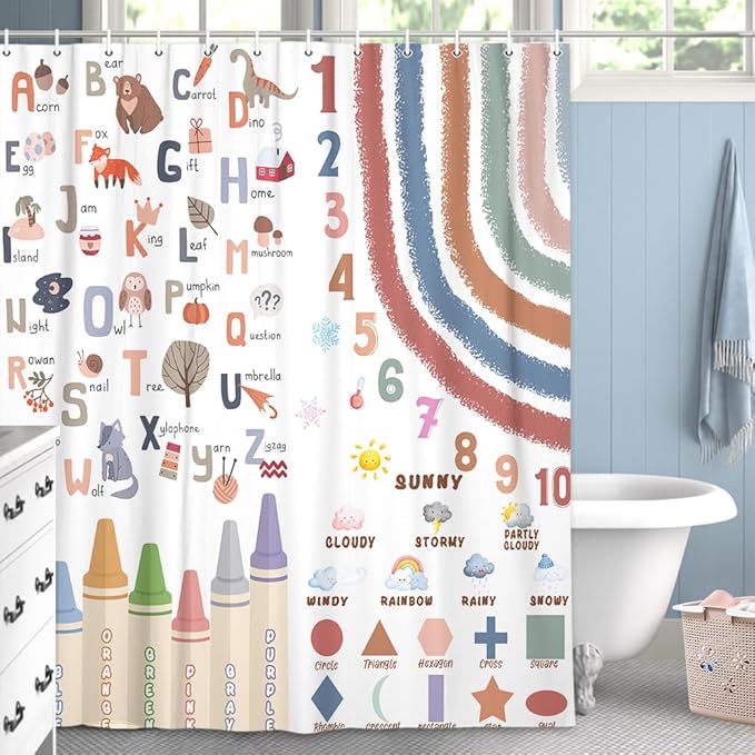 Kids Alphabet Shower Curtain, Funny Cartoon Animal ABC Learning Bath Curtain 72 x 96 Inch, Educational Boys Girls Children Bathroom Curatin Decoration Waterproof with Hooks Washable