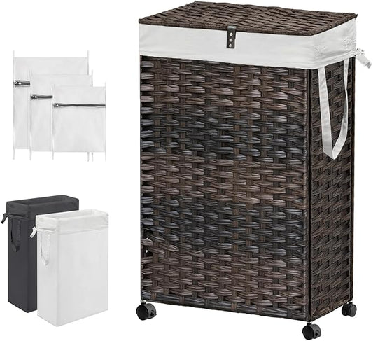 88L Slim Laundry Hamper with Wheels, 23.3 Gallon Rolling Laundry Basket with Lid, Tall and Narrow Laundry Hamper with 2 Removable Liner & 3 Mesh Laundry Bags, Laundry Sorter for Bathroom, Brown