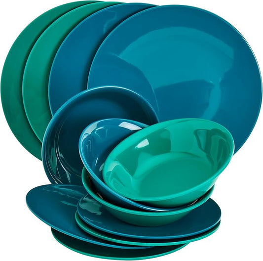 Tabletops Gallery 12 Piece Green Blue Melamine Dinnerware Set Plates Bowls for Indoor Outdoor Use, Service for 4, Tropical