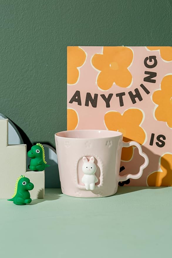 DIHOclub Rabbit Ceramic Cup Window Animals Mug Cute Cartoon Handmade Figurine Mugs,Holiday and Birthday Gift for Daughter,Son,Kids,9 OZ (Pink)