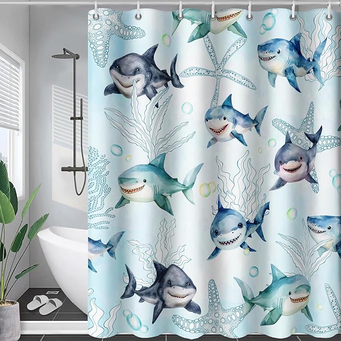 AILONEN Shark Shower Curtain for Bathroom, Cute Shark Bathroom Curtain,Blue Tie Dye Ocean Theme Bath Curtain 48" W*72" H Polyester Waterproof Children Boys Bathroom Curtain with 12 Hooks