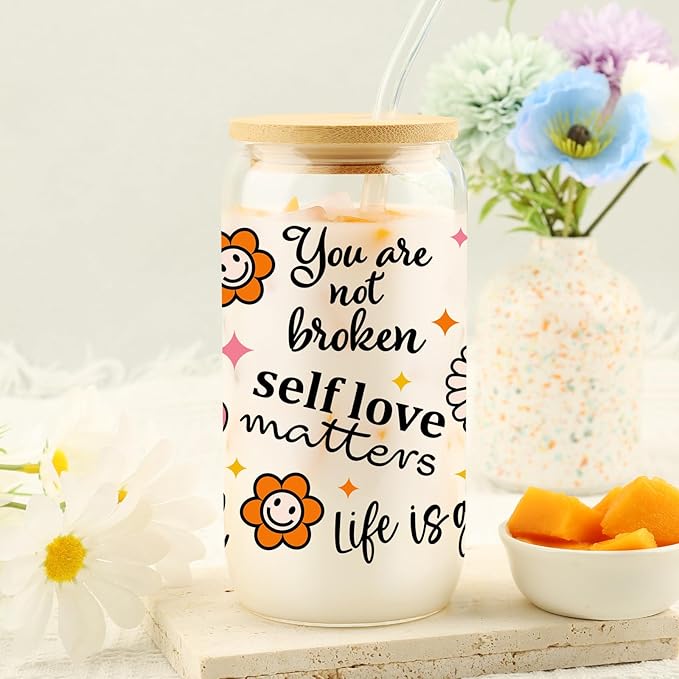 Self Love Matters, Mental Health Sublimation Glass Tumbler, 16oz Glass Can Cup with Positive Quotes and Smiley Flowers, Gift for Her Best Friend Tumbler, Self Care Gift, Lid and Straw