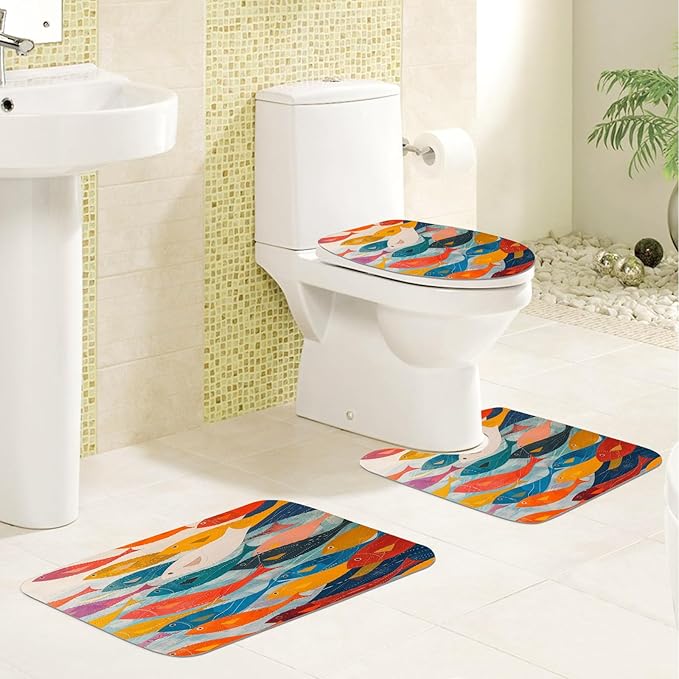 4PCS Fish Shower Curtain Set with 12 Hooks for Bathroom Sets Fish Decor, Non-Slip Rugs and Toilet Mat Lid Rug, Durable Waterproof for Bathroom Abstract Swiming Fish Decor 72x72 Inch