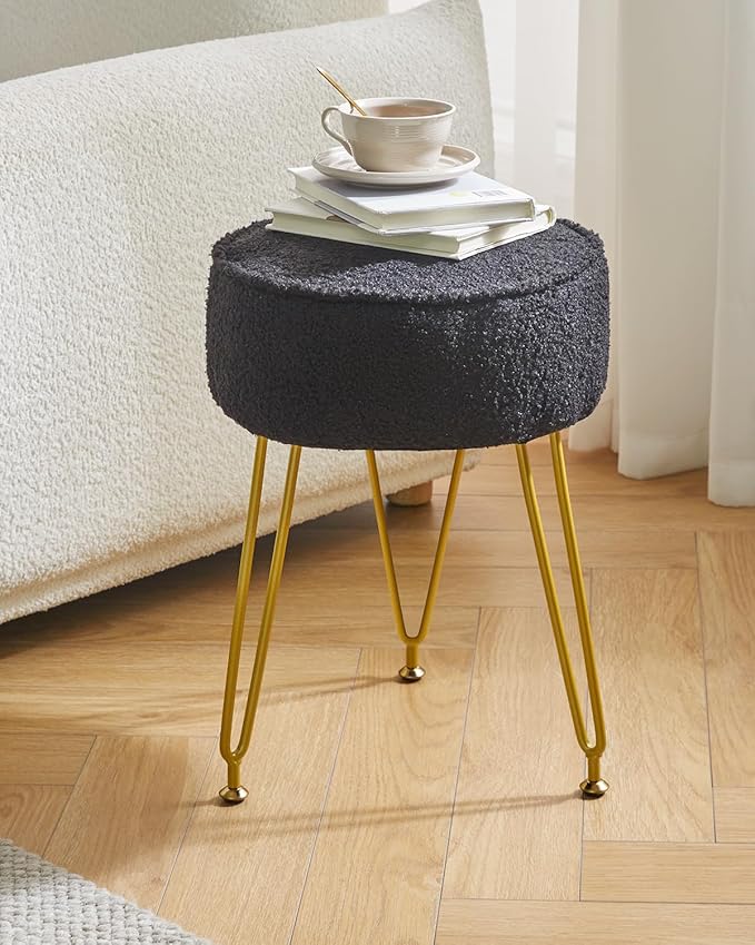 IBUYKE Teddy Velvet Round Footrest Ottoman, Makeup Vanity Side Table, Velvet Dressing Table Seat, Pouf Couch Stool for Living Room Bedroom, Black WBD009B