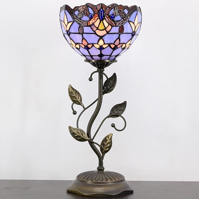 Small Tiffany Lamp Stained Glass Table Lamp Uplight Accent Lamp with Metal Leaf Base Blue Baroque Style Desk Light 8X19 Inch for Home Office Living Room Bedroom