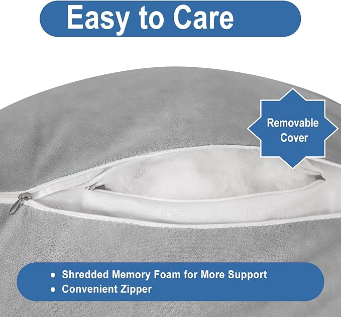 Reading Pillow for Bed Adult Size, Back Pillow for Sitting in Bed, Shredded Memory Foam Bed Chair Pillow with Arms, Pockets, Washable Cover (Light Grey, Large)