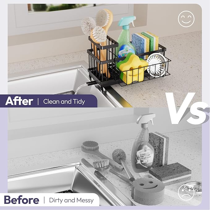 SWTYMIKI Sink Caddy Sponge Holder - Large Sponge Holder for Kitchen Sink with 360°Auto-Drain Tray, Rustproof Stainless Steel Kitchen Organizer Caddy for Countertop Organization