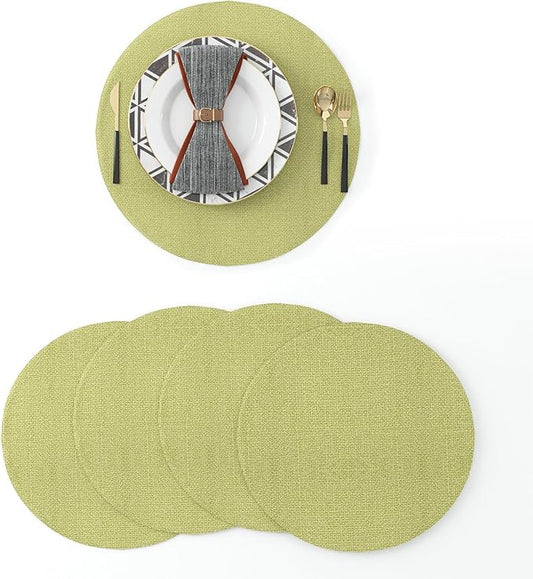 Set of 4 Handmade Round Placemat 15 Inch Soft Linen eco-Friendly Fabric Handcrafted Machine Washable Indoor & Outdoor Tablemat Green