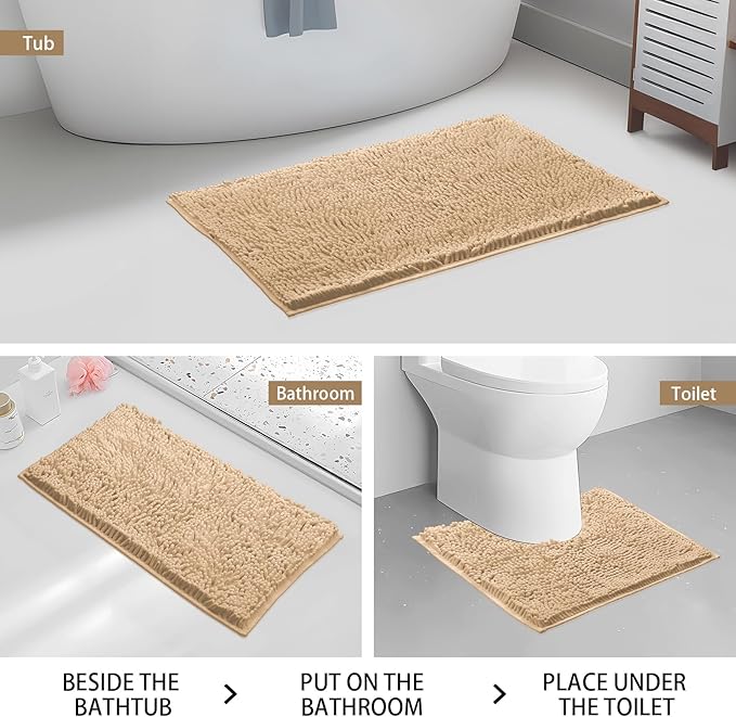 Bathroom Rugs Sets 2 Piece Washable, Luxury ，Chenille Bath Mat Set, Soft Plush Anti-Slip Rectangular Bath， Rug Super Absorbent. (Camel, 32"x20"+32"x20")