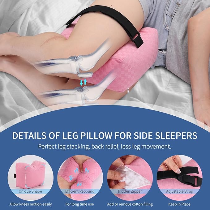 Knee Pillow for Side Sleepers - Leg Support Pillow for Sciatica Relief, Hip and Back Pain Alleviation, Spine Alignment with Adjustable Strap (Pink-Checker)