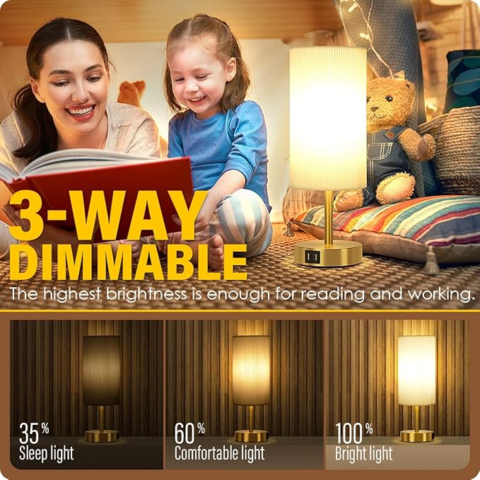 Yarra-Decor Bedside Lamp with USB A+C Charging Ports Set of Two - Touch Control Table for Bedroom Wood 3 Way Dimmable Nightstand Round Pleated Shade Home Office (LED Bulb Included)