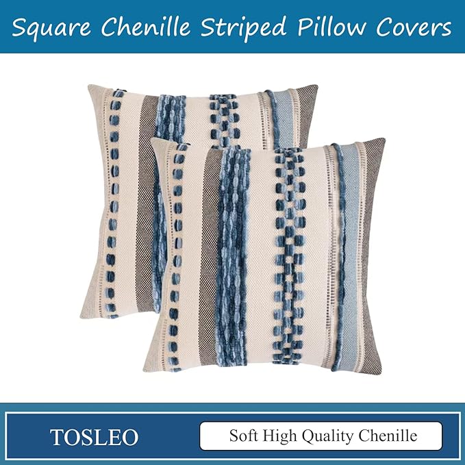 Tosleo Boho Throw Pillow Covers 18x18 Set of 2 Striped Decorative Pillow Cases Accent Chenille Pillowcases Farmhouse Cushion Case Bohemian Nuetral Textured Coastal Pillow Cover,Sky Blue