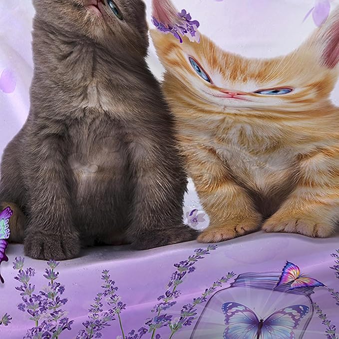 AILONEN Cartoon Cat Shower Curtain, Kawaii Kittens with Purple Flower Shower Curtain for Kids Girls Boys Bathroom Decor,Cute Pet Cat Lover Waterproof Shower Curtains Sets with Hooks,72" W*84" H