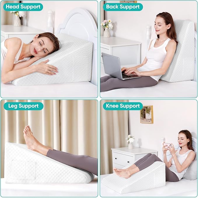 Wedge Pillow for After Surgery Premium 12" Bed Wedge Pillow for Sleeping with Memory Foam Top, Triangle Pillow Wedge for Acid Reflux Snoring Post Surgery Leg Elevation Back & Knee Pain Relief - White