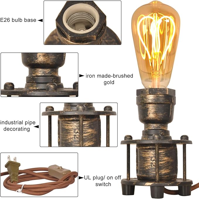 Vintage Industrial Table Lamp Base for E26 Edison Bulb, Steampunk Antique Accent Lights, Retro Desk lamp Decoration Bedside for Living Room Bedroom Coffee House Bar (Brass)