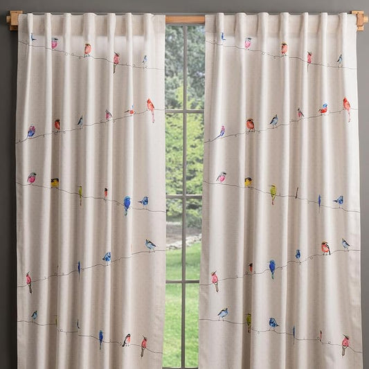 Maison d' Hermine Curtains for Living Room 100% Cotton 124 inch Length Two Panels Light Filtering Curtains for Bedroom Windows with Rod and Loop Pockets Drapes (Birdies On Wire, 50" W x 124" L)