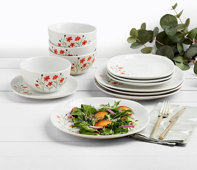 Tabletops Gallery 12-Piece White Floral Ceramic Dinnerware Set of Kitchen Dishes, Soft Square Dinner Salad Plates Cereal Bowls, Service for 4, Caroline