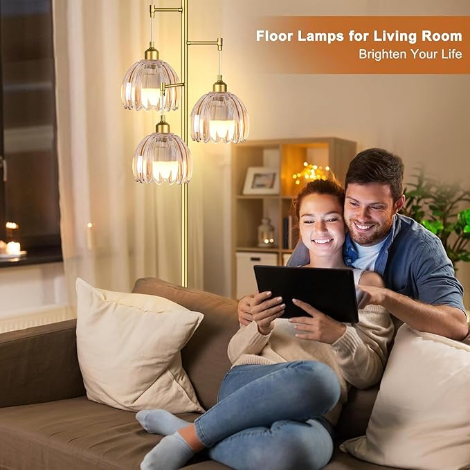 Gold Floor Lamp for Living Room,Bedroom,Tree 3 Light Standing Lamp Mid Century Modern Brass Tall Floor Lamps Vintage Retro Floor Lights Glass Green Flower Lamp Shade Farmhouse Boho Bohemian