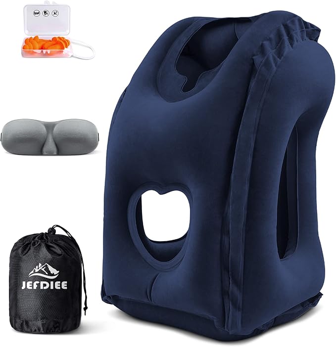 JefDiee Inflatable Travel Pillow, Airplane Neck Pillow Comfortably Supports Head and Chin for Airplanes, Trains, Cars and Office Napping with 3D Eye Mask, Earplugs and Portable Drawstring Bag (Blue)