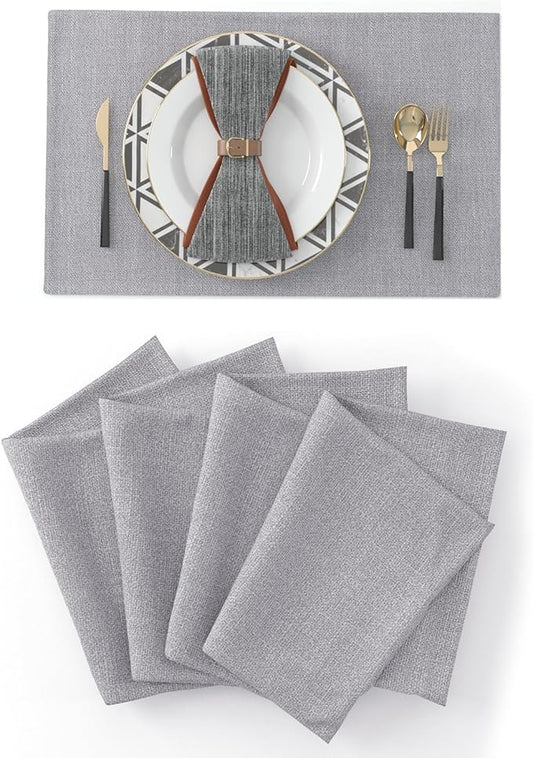 4 Piece 12 x 18 inch Soft Faux Linen Place Mats Heat Resistant Dining Table Place Mats Cloth Kitchen Table Mats 12x18 Grey