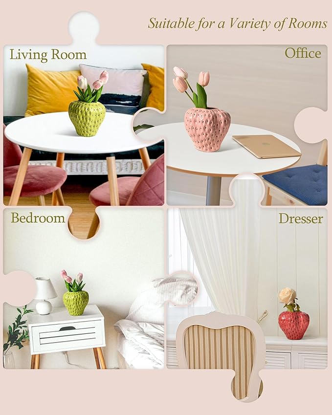 DN DECONATION Pink Strawberry Vase for Flower, Strawberry Shaped Planter Pot for Girls, Unique Ceramic Fruit Vases for Strawberry Party Kitchen Decorations, for Mom&Grandma