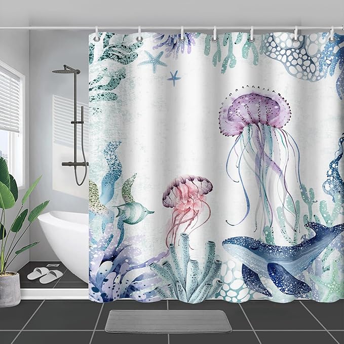 AILONEN Cartoon Jellyfish Shower Curtain for Bathroom Teal Blue Ocean Beach Coastal Bath Curtain Decor 72" W*96" H Polyester Fabric Waterproof Bathroom Curtain with 12 Hooks