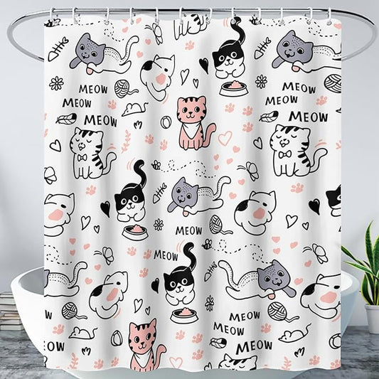 AILONEN Cat Shower Curtain, Cute Cat Cartoon Pet Cat Kitten Bathroom Curtain,Cat Paw Print Cat Lover Bath Curtain 72" W*84" H Polyester Waterproof Bathroom Curtain with 12 Hooks