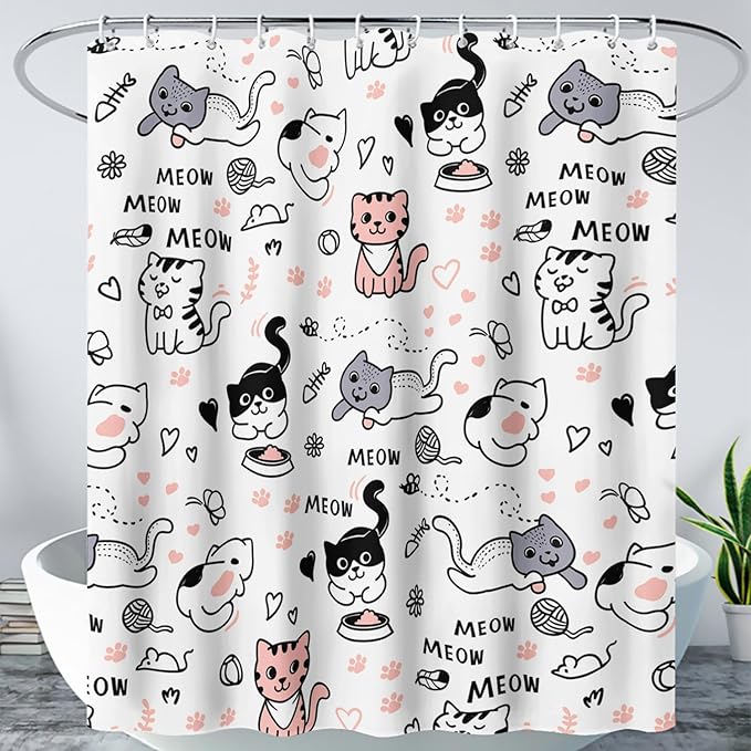 AILONEN Cat Shower Curtain, Cute Cat Cartoon Pet Cat Kitten Bathroom Curtain,Cat Paw Print Cat Lover Bath Curtain 36" W*72" H Polyester Waterproof Bathroom Curtain with 12 Hooks