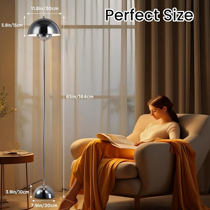 COSYLUX Modern Floor Lamp for Living Room, Industrial Tall Standing Lamp for Bedroom, Metal Shade Reflecting Light Reading Floor Lamp for Office, Nursery Room, Corner(Chrome)