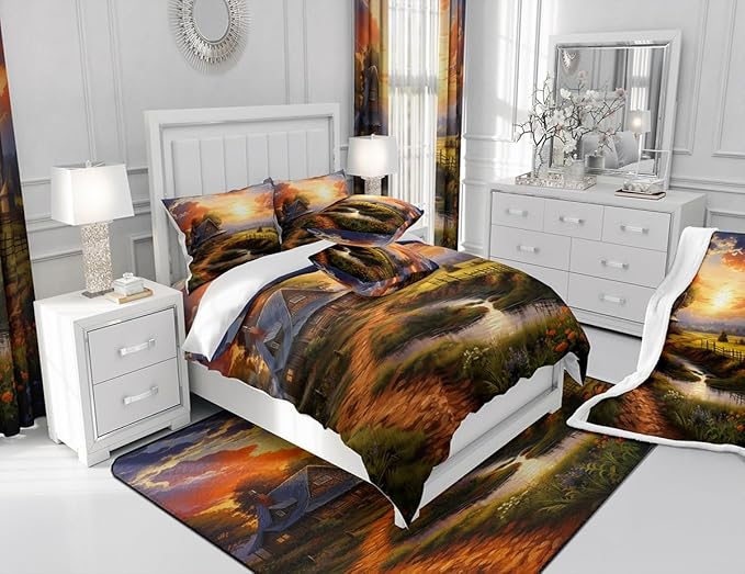 Feelyou Western Farmhouse Fabric Shower Curtain Kids Farmhouse Bathroom Waterproof Accessories with 12 Hooks for Boys Girls Sunset Shower Curtain Nutrue Theme Curtains,72x78 Inches