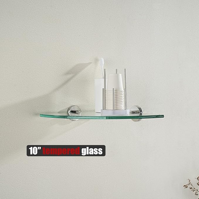 JQK Corner Glass Shelf, Polished Chrome Bathroom 304 Stainless Steel Shower Triangle Floating Wall Shelf, 10 x 10 Tempered Glass, 2 Pack, TGS190L10-CH-P2