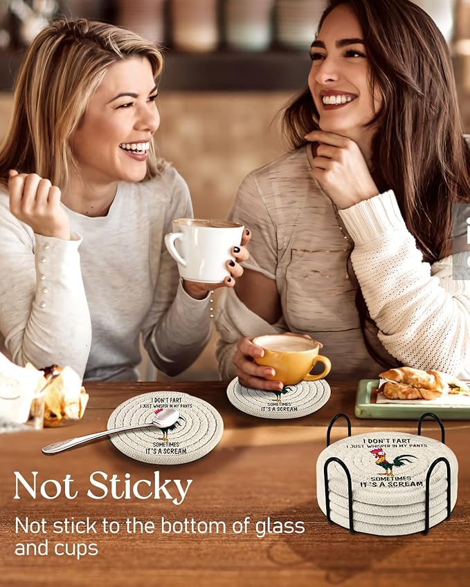 Cup Coasters for Drinks Absorbent - for Coffee Wooden Table Office Cute Farmhouse Outdoor Rustic Desk Unique Woven Women Boys Soft Cloth Braided Fabric Cool Funny Coaster Set of 6 with Holder