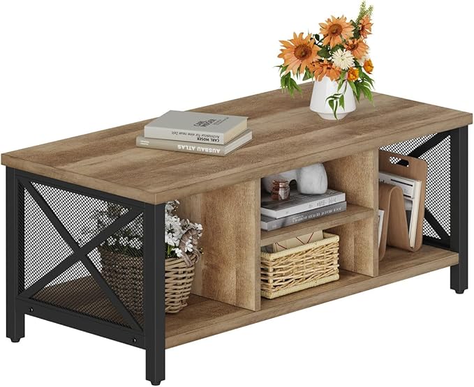 FATORRI Coffee Table for Living Room, Rustic Wood Center Table with Shelves, Farmhouse Rectangle Cocktail Tea Tables (Rustic Oak)