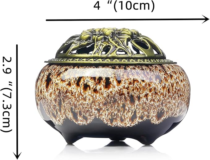 Incense Burner with Calabash Incense Stick Holder - Porcelain Charcoal Censer for Use with Resin Granular Powder Cone or Coil Incense (New Fambe Gray)