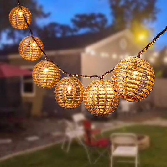 Decorative Outdoor Patio String Lights, Seagrass Rattan Wire Ball Style Lantern String Lights, Connectable Weatherproof Indoor Outdoor Globe Boho String Light for Home Pergola Garden Party Backyard