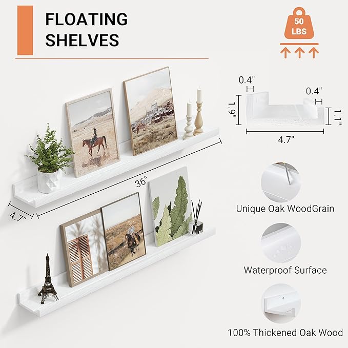 36 Inches Long Floating Shelves Wall Mounted, Picture Ledge Shelf for Wall Decor Living Room Bathroom Kitchen,2 Set Rustic White Wall Shelf for Bedroom, Nursery Book Shelf with Lip