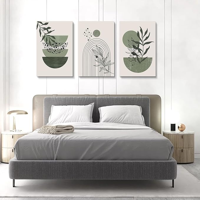 Sage Green Wall Posters & Prints, Green Boho Wall Art Set of 3, Minimalist Framed Wall Art Geometric Line Leaf Sun Moon Beige Green Canvas Artwork Paintings