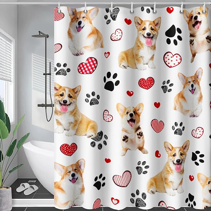 AILONEN Puppy Dog Shower Curtain for Bathroom,Cute Corgi Waterproof Bath Curtain,Pet Dog Kids Girls Dog Lover Curtain with 12 Plastic Hooks(60" W*72" H)