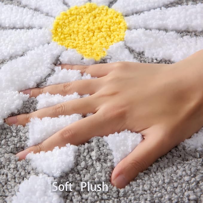 QJHOMO Gray Bathroom Rugs Cute Daisy Bath Mat White and Yellow Flower Decor Rug Non Slip Floor Carpet Microfiber Bathmat Super Absorbent Machine Washable Bathtub Mats for Shower (20x32 inch)