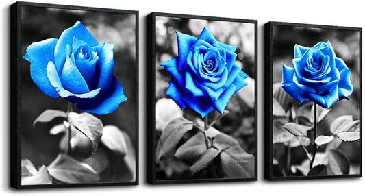 TTHYUEWS Black Framed Wall Art Prints For Living Room Family Wall Decor For Kitchen Black And White Pictures Artwork Blue Rose Flowers Wall Paintings Modern Office Bedroom Room Home Decor 3 Pieces