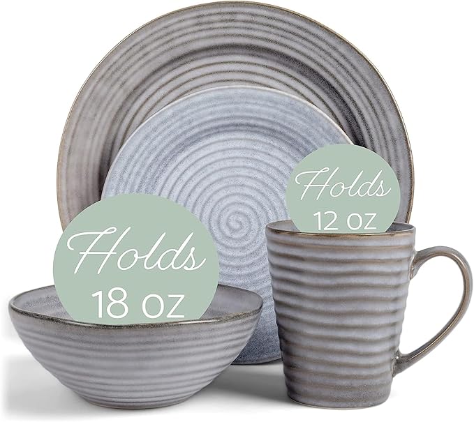 Elanze Designs Charming Chic Ribbed Modern Thrown Pottery Look Ceramic Stoneware Plate Platter Mug & Bowl Kitchen Dish Dinnerware 16 Piece Set - Service for 4, Slate Grey